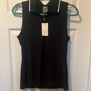 Black Sleeveless Polo Top with White Piping